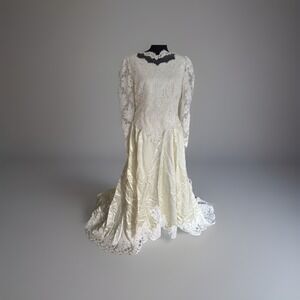 Vintage Wedding Dress Bride Ivory‎ Satin Lace Sleeve chapel Train Beaded XL
